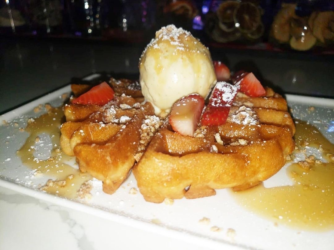 Waffle and ice cream.