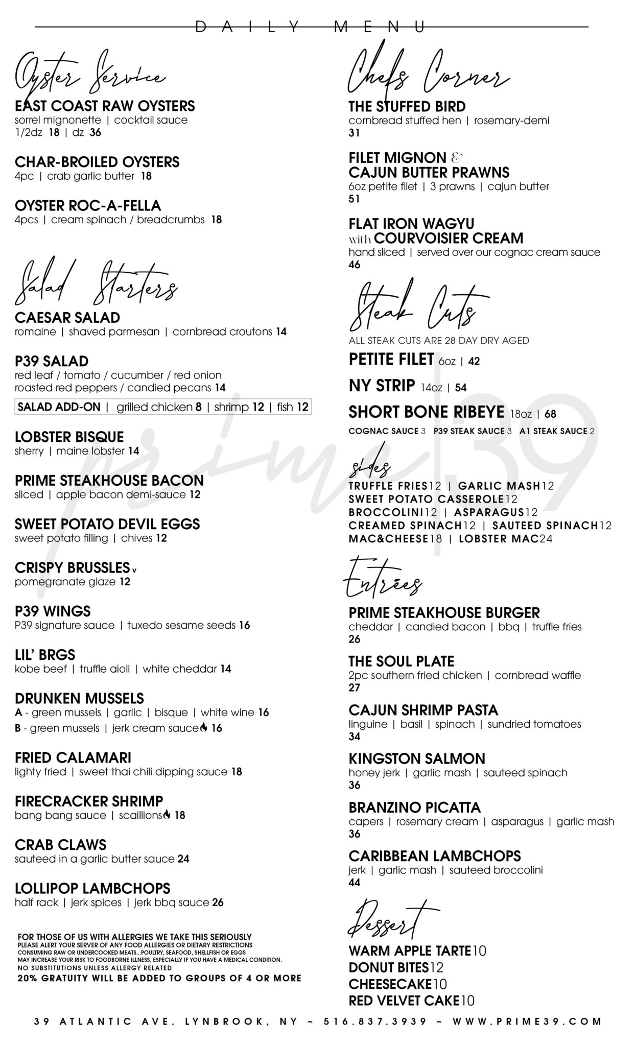 Us Menu Prime 39 Menu: Dinner, Drinks & Specials